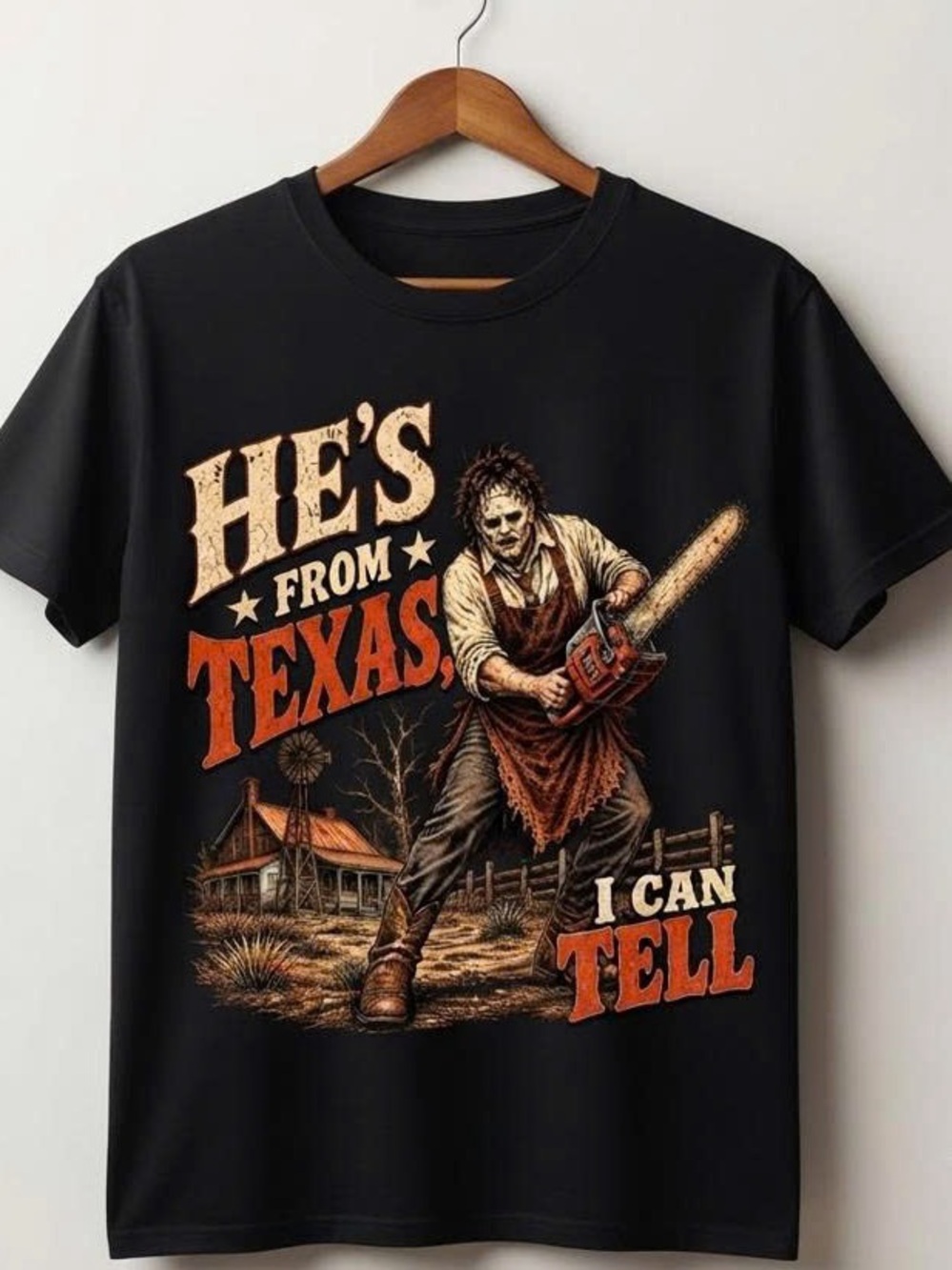 Tee with Orange and Cream Texas Horror Graphic
